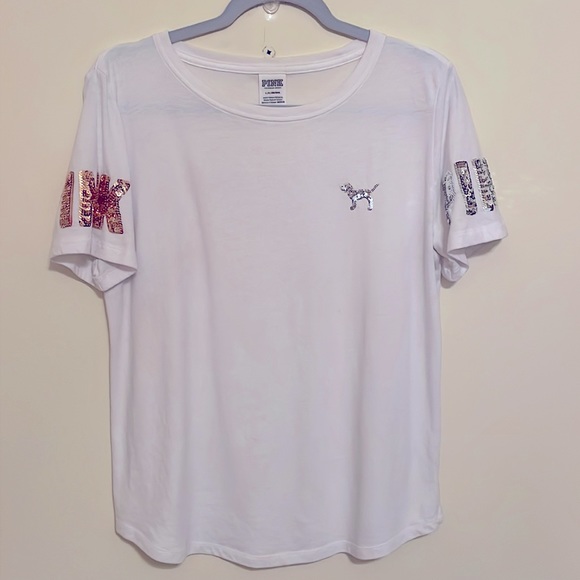 Victoria Secerts Pink Bling White Tee Silver and Rose Gold Sequin Little Dog Y2K - Picture 4 of 8